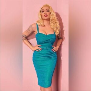 Vixen by Micheline Pitt Jawbreaker Wiggle Teal Lurex Dress